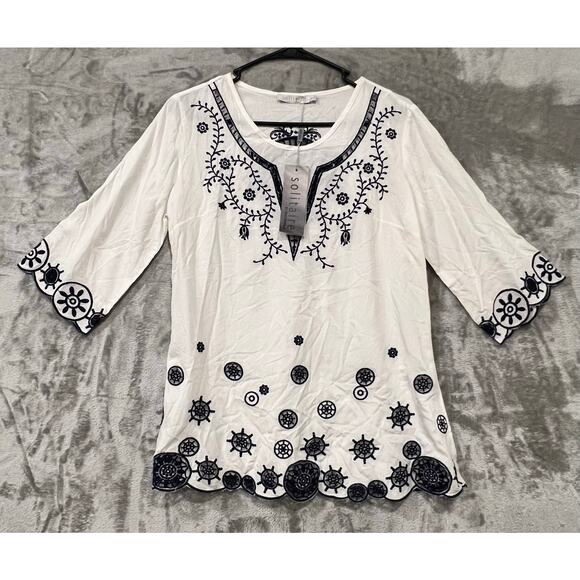 Solitaire Tops - Solitaire Women’s Embroidered Tunic Top NWT Boho Peasant Blouse Cut Out Designs